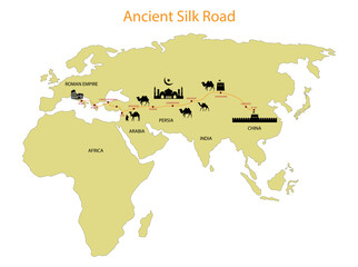 illustration of history and trading, Ancient Silk Road,  silk trade with China, The Silk Road was a network of trade routes connecting China and the Far East with the Middle East and Europe