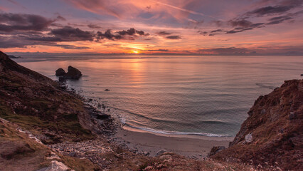 Colourful sunset on Cornwall coast