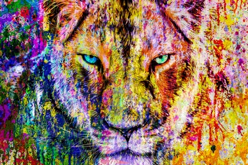 Foto op Canvas Lion head with colorful creative abstract element on white background color art © reznik_val