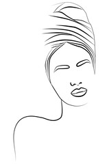 The face is one line. Portrait of a beautiful African woman. Women's African traditional scarf-headdress. Vector icon, logo, template, brochures.