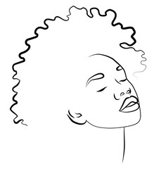 The face is one line. Abstract portrait of an African-American woman. Modern young feminine woman with dark skin. A vector drawn by hand with a single line.