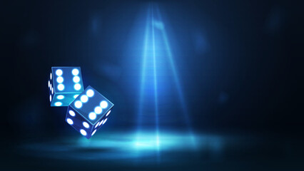Blue neon 3D dice in dark empty scene with lighting of spotlights