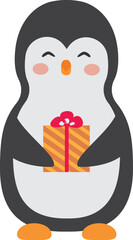 Vector illustration of penguin in Santa red hat and gift in cartoon style