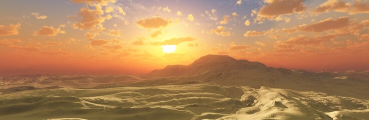 Fototapeta na wymiar Panorama of dunes in a sandy desert, sand dunes under a blue sky, 3D rendering