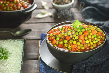 Arabic Cuisine; Middle Eastern traditional peas and carrot stew. A delicious vegan meal with peas...