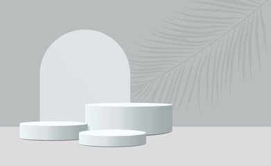 vector of three empty podiums of different heights. gray podiums on a gray background with a round arch in the background