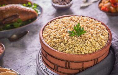 Arabic Cuisine; Middle Eastern authentic Freekeh. Freekeh is an ancient grain made from roasting the young green grains of durum wheat.
