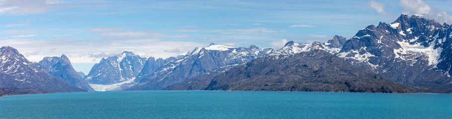 Panoramic view of the mountains and glaciers in Evighedsfjord, Greenland