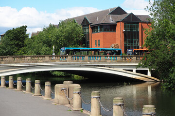 A view of Derby England from the famous River Gardens and featuring a bus. The River Gardens lie on...