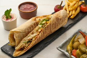 Shawarma Sarooh with fries, pickle, ketchup and dip served in a dish isolated on grey background side view of fastfood