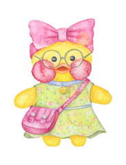 Watercolor lalafanfan duck in green dress.