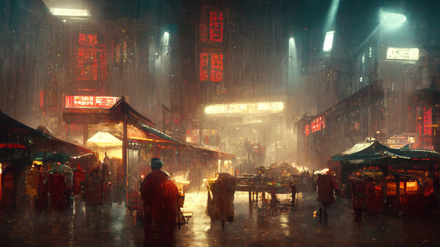 Fantasy Futuristic Chinatown Market In The Rain, generative AI