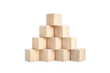 wooden cube block stacked in pyramid shape without graphics for Business design concept.                     