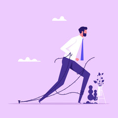 Business difficulty concept. Man overcomes obstacles and difficulties for career growth and success. Ropes bind progress of entrepreneur, businessman trying to break the trap