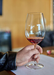 man's hand holding a glass of red wine. visit on vacation a winery in mendoza argentina. Wine tasting. Selective focus
