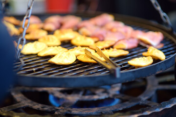 Traditional Poland street food oscypek is a grilled cheese of salted sheep milk with different...