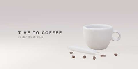 3d banner with realistic paper coffee cup, sugar stick and coffee beans on a grey background. Vector illustration.