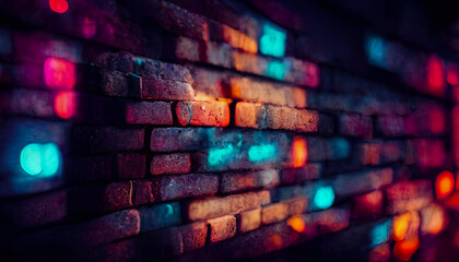 Fototapeta premium Old brick wall with neon lights. Dark empty old night street, smoke, smog. Textured brick walls 3D illustration.