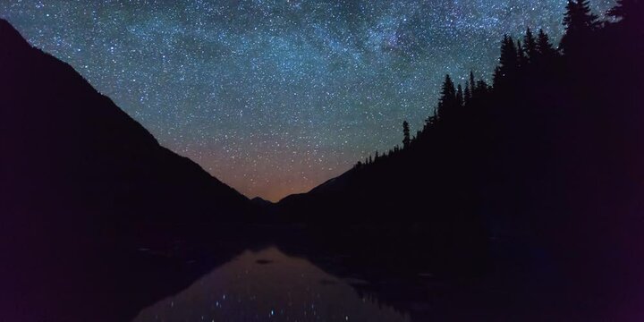 Time Lapse Lockdown Idyllic View Of Lake In Forest Against milky way - Squamish, Canada