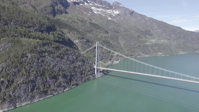 Aerial shot of Hardangerbrua bridge in Hardanger, Norway