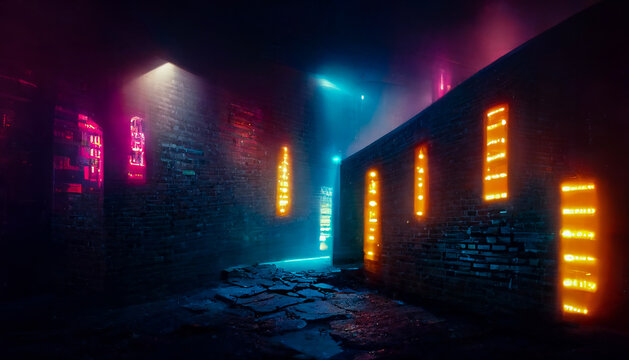 Old brick wall with neon lights. Dark empty old night street, smoke, smog. Textured brick walls 3D illustration.