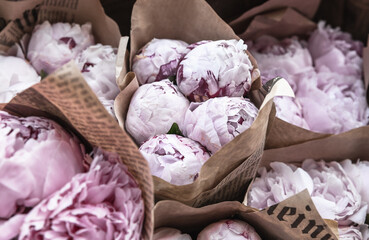 A lot of bouquets of peonies in craft paper.Selective focus.