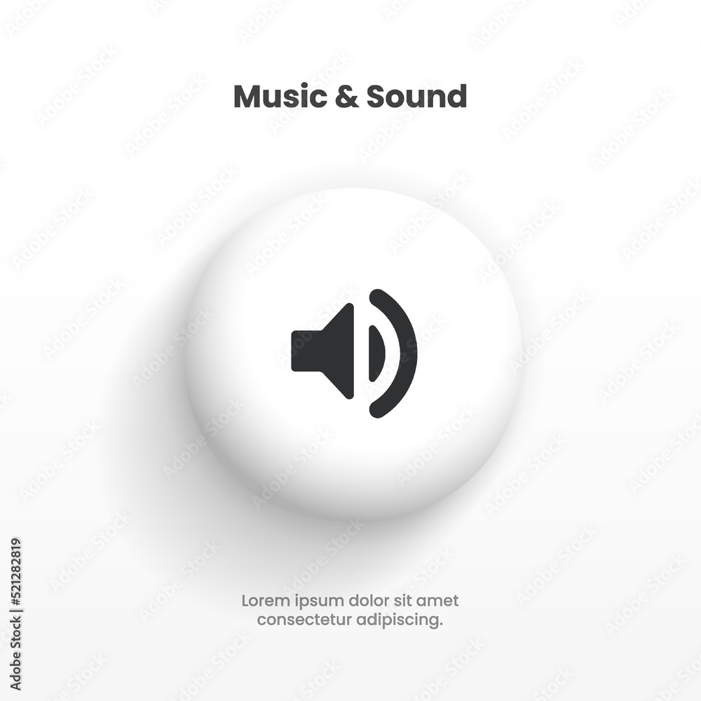 Poster Speaker and sound icon. Computer voice icon. Megaphone and music icon. Sound pictogram. Musical note. Audio sign. UI UX element. Sound button. Audio system, noise with soft UI, neumorphism.