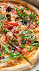 Delicious fresh pizza close-up. Texture of delicious hot pizza ready to eat