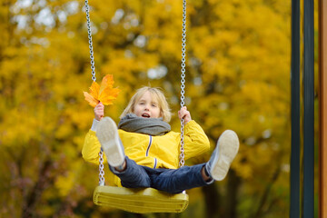 Little boy having fun on a swing on the playground in public park on autumn day. Happy child enjoy swinging. Active outdoors leisure for child