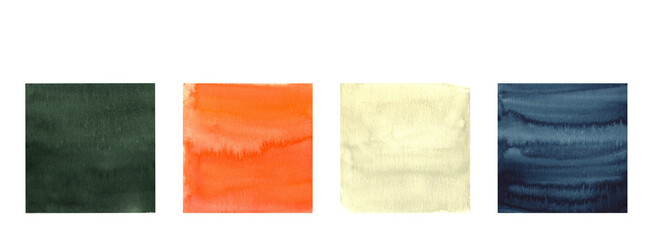 Naklejka premium Set of watercolor backgrounds. Trend color palette. Watercolor set, color swatch. Hand painted squares on white. Harmonious combination s for autumn celebrations and retro designs.