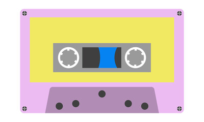 Audio cassette with magnetic tape. Device for recording sound. Attribute of the 80s, 90s. Flat style. Vector.