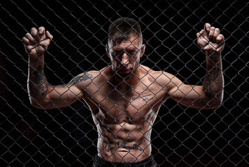Dramatic image of a mixed martial arts fighter standing in an octagon cage. Powerful abdominal...