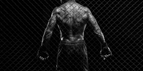 Obraz na płótnie Canvas Black and white image of a man in a boxing cage. The concept of sports, Muay Thai, martial arts.