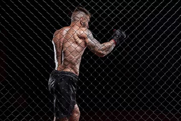 Foto auf Leinwand Dramatic image of a mixed martial arts fighter standing in an octagon cage. The concept of sports, boxing, martial arts. © andy_gin
