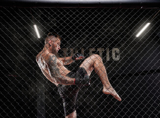 Professional kickboxing fighter trains in a cage ring. The concept of sports, Muay Thai, martial...