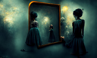 Fototapeta na wymiar dark world behind mirror, surreal, digital art