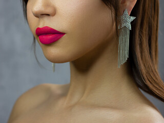 Closeup plump Lips. Lip Care, Augmentation, Fillers. Macro photo with Face detail. Natural shape...