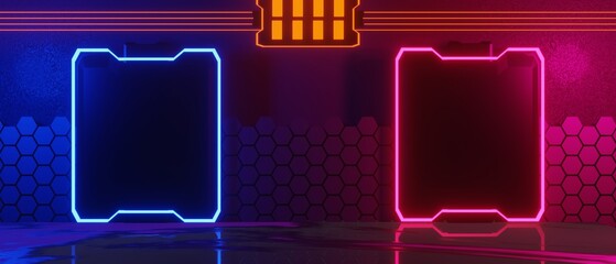 abstract backgound video game of esports scifi gaming cyberpunk, vr virtual reality simulation and metaverse, scene stand pedestal stage, 3d illustration rendering, futuristic neon glow room © issaronow