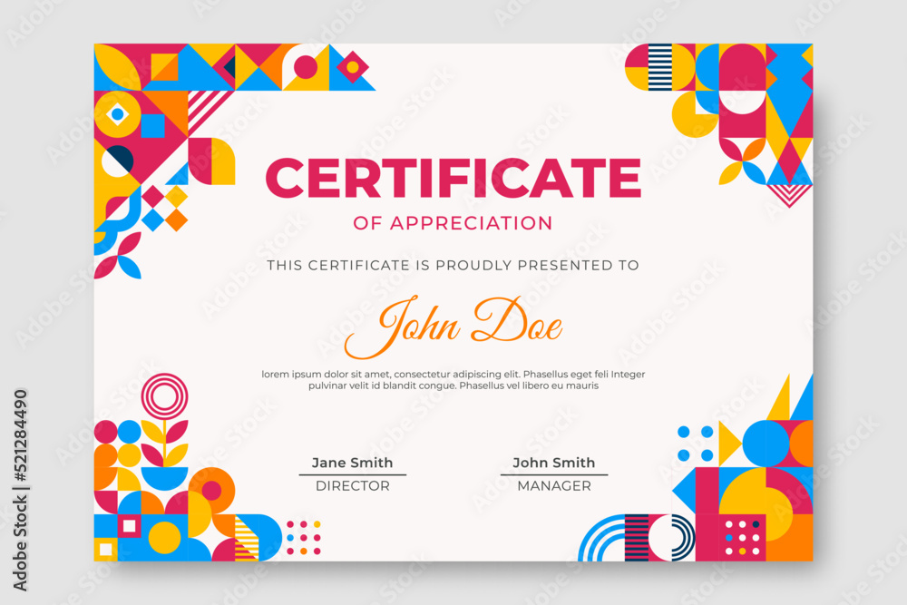 Poster bauhaus inspired certificate of appreciation with square figures and text. minimal modern abstract b