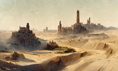 Ancient lost city ruins in  desert, digital landscape  background - 521284470