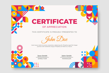 Bauhaus inspired certificate of appreciation with square figures and text. Minimal modern abstract brochure. Abstract background with basic figures