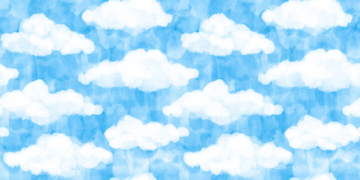 Seamless white puffy watercolor clouds on bright blue sky background pattern. Tileable hand painted digital gouache cartoon cloud texture. Abstract summer day landscape wallpaper or backdrop..