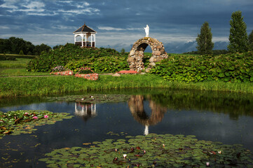 Park near catholic Church of St. Anne in the village of Mosar, Belarus