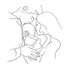 Family baby lineart illustration onwhite background. One line art illustration of family portret. Lineart mother, father and holding a new born baby