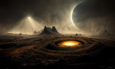 Foto op Aluminium donker buitenaards landschap op verre planeet, digitale kunstachtergrond © Coka