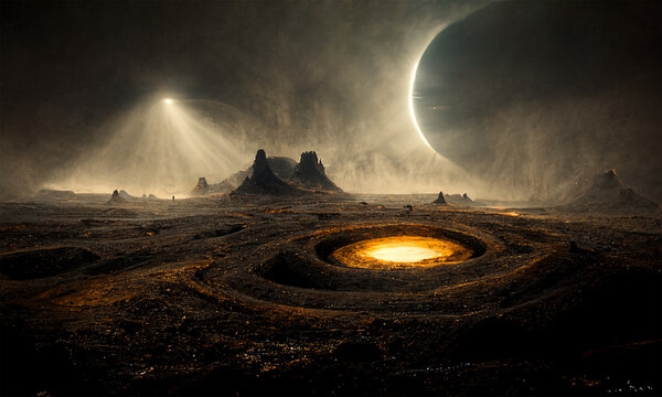 dark alien landscape on distant planet, digital art background