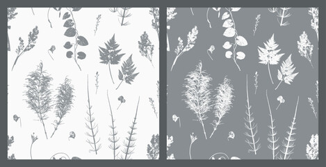 Vector Set of Monochrome Seamless Patterns with Grass Leaf Silhouettes. Natural Wildflowers and Herbs Print. Stamp Leaves Floral Background. Meadow Plants Wallpaper. Great for Vintage Floral Design