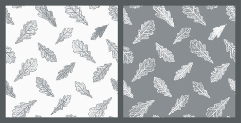 Natural Oak Leaf Print Silhouettes. Vector Set of Monochrome Seamless Patterns with Forest Plants Imprint. Floral Background. Stamp Leaves Vintage Wallpaper. Gray White Colors.