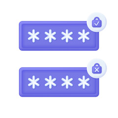 3D Password protection with check and cross marks isolated on white background. Cyber protection. Privacy concept. Can be used for many purposes.