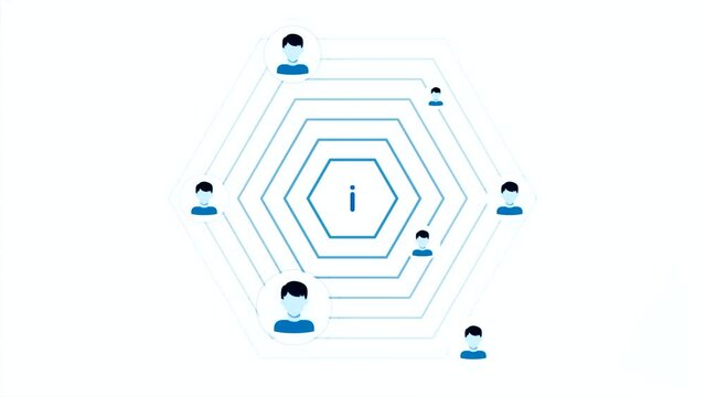 Abstract i icon symbol of the internet spreading signal among icons of people on a white background. Motion. Concept of social networks.